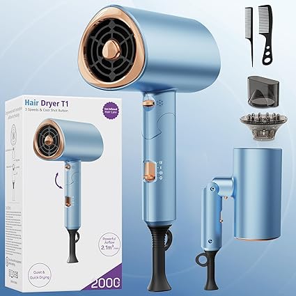 Foldable Ionic Hair Dryer – Fast Drying Professional Blow Dryer with Diffuser & Styling Tools