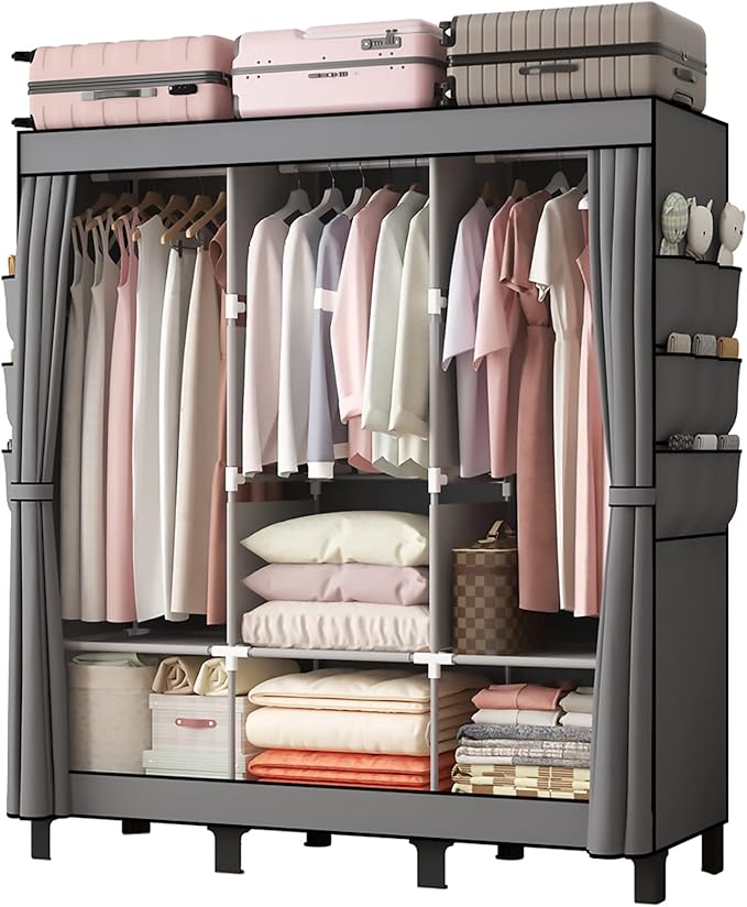 Best Fabric Wardrobe Closet 2025 – Portable Canvas Wardrobe with 3 Hanging Rails for Bedroom Storage