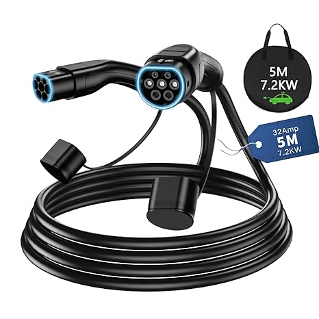 Type 2 to Type 2 EV Charging Cable 32A 7.2kW (5M) – Single Phase Fast Charge Lead