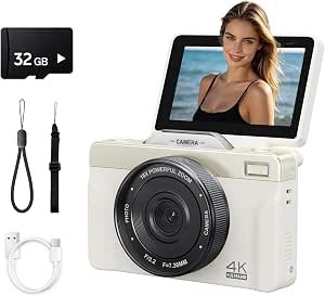 4K Digital Camera for Photography, 64MP Autofocus WiFi Vlogging Camera for YouTube, 3-Inch 180° Flip Screen, 16X Digital Zoom, 32GB TF Card & Built-In Flash, Compact Travel Camera for Beginners, Pearl White