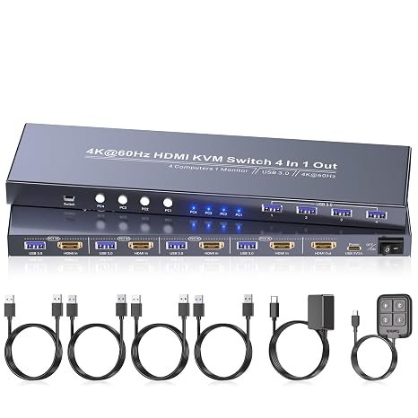 4K@60Hz HDMI KVM Switch for 4 Computers, 1 Monitor, 4-Port USB 3.0 Hub, Share One Keyboard & Mouse Between 4 PCs, Dual Switching Modes, HDMI Computer Switcher for Home & Office